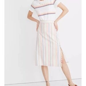 Madewell Womens Size 14 Striped Linen Cotton Skirt Button Down Midi Pockets